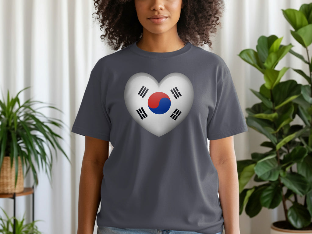 Dark grey t-shirt on a woman with a heart graphic of the Korean flag.