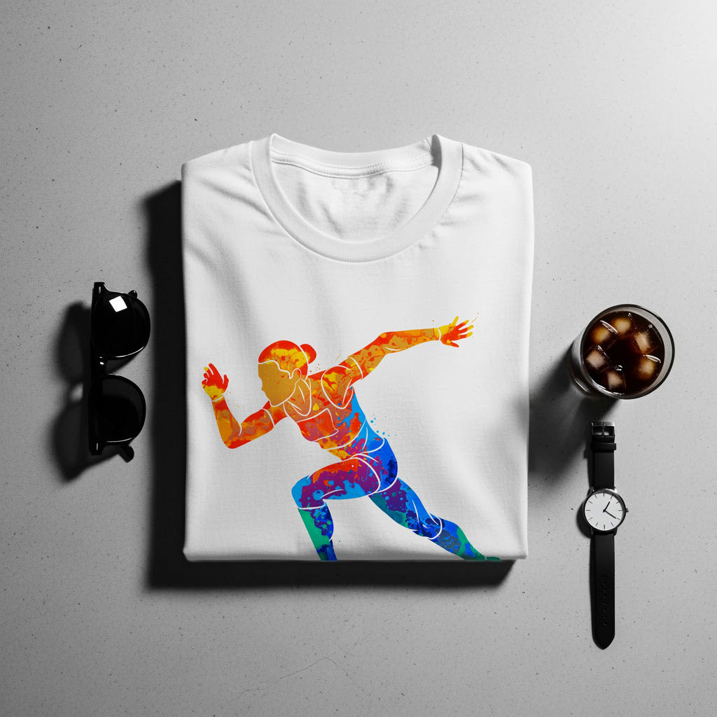 White t-shirt with colorful running figure graphic, sunglasses, watch, and drink.