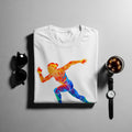 White t-shirt with colorful running figure graphic, sunglasses, watch, and drink.