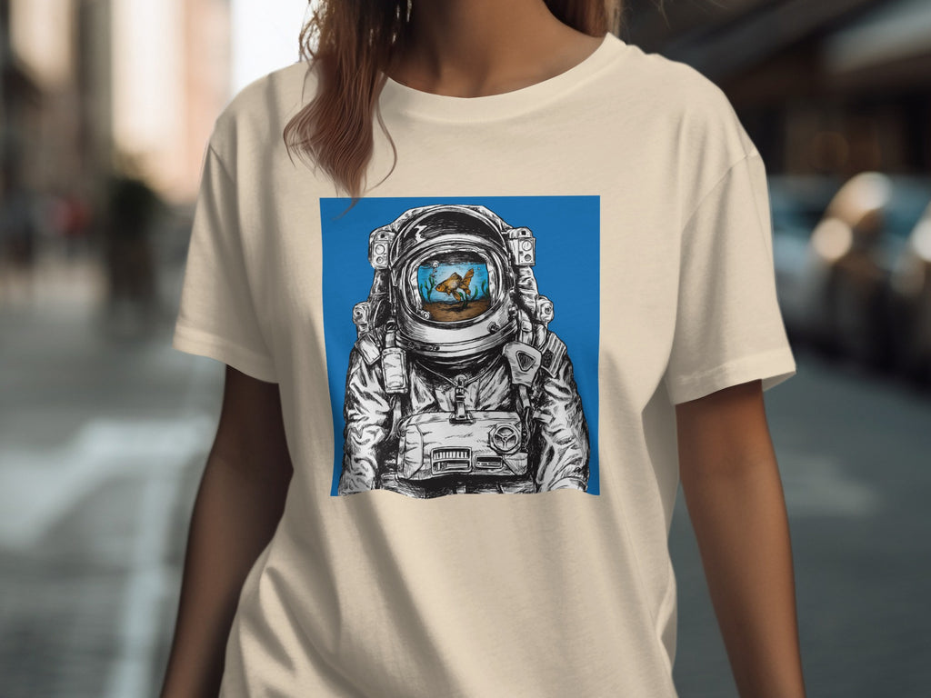 Astronaut helmet with goldfish inside, displayed on a cream t-shirt.