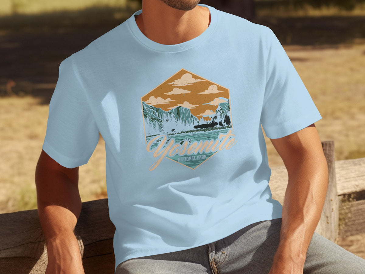 Light blue t-shirt featuring a hexagonal graphic with a Yosemite National Park landscape.