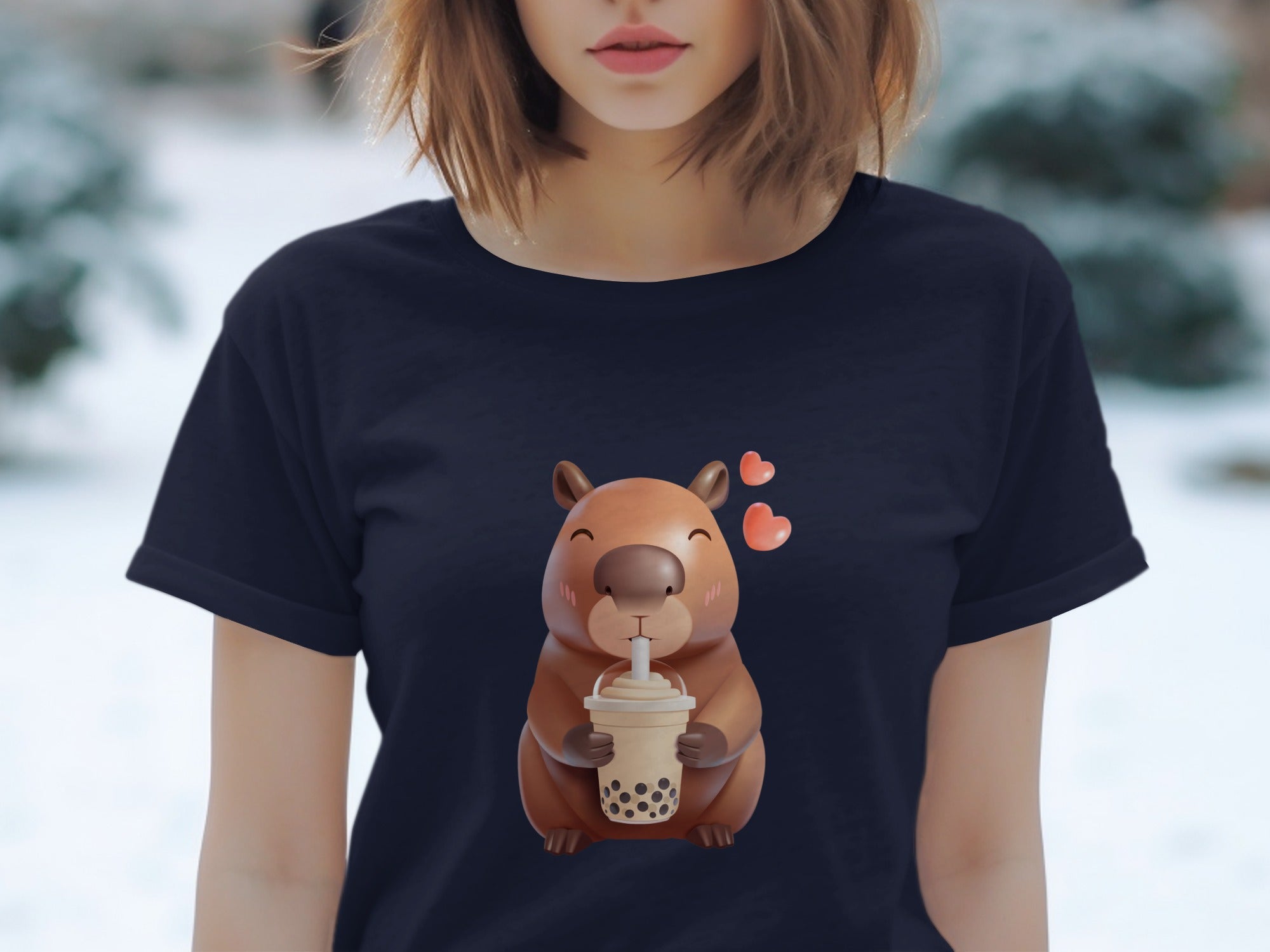 Capybara drinking boba tea with hearts, featured on a navy t-shirt.