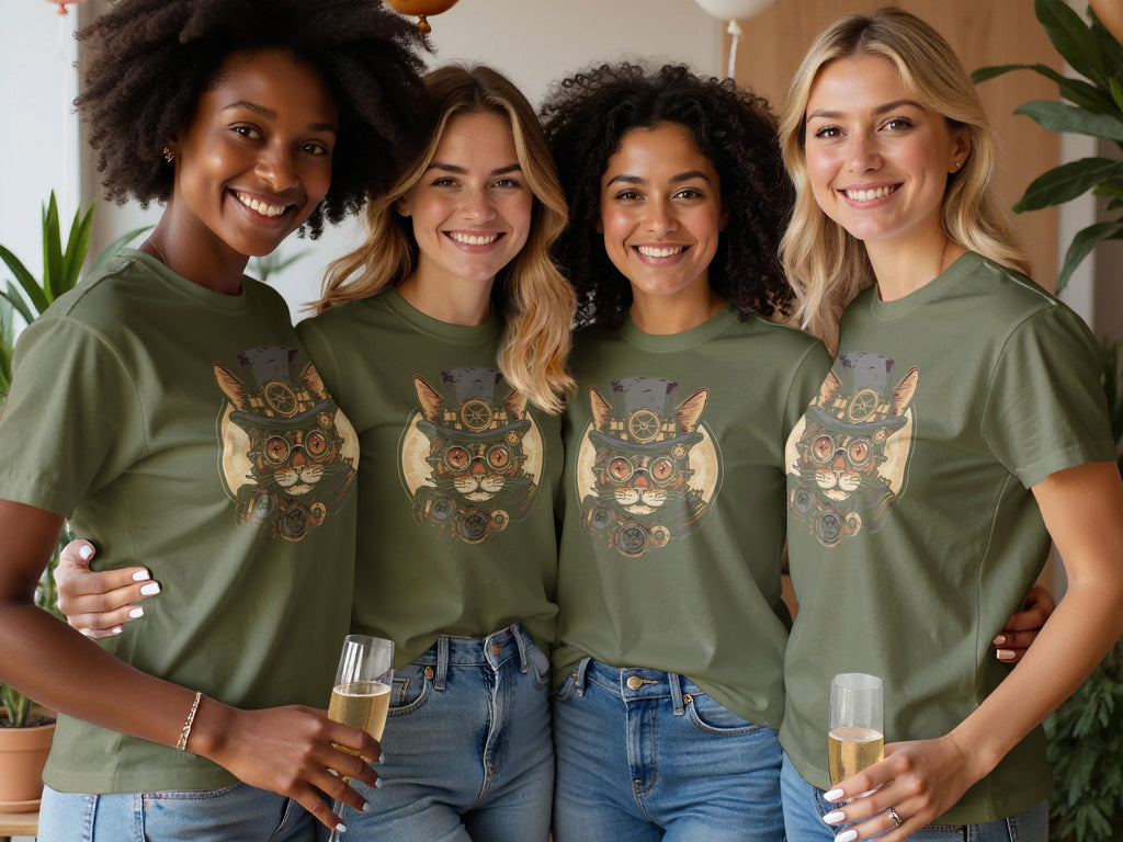 Four women smile wearing olive green t-shirts with a steampunk cat graphic.