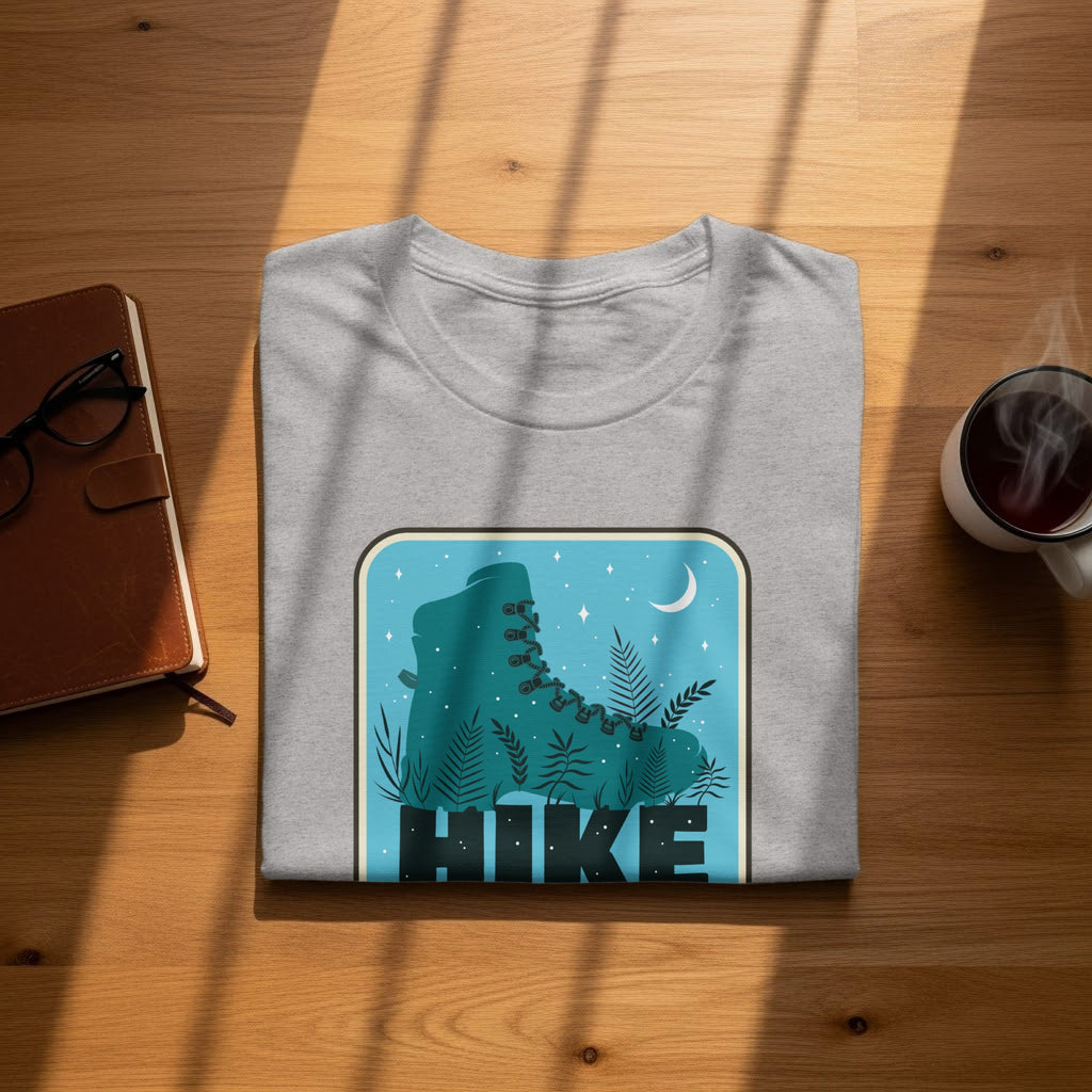 T-shirt with teal hiking boot graphic and "HIKE" text in front of starry night sky.