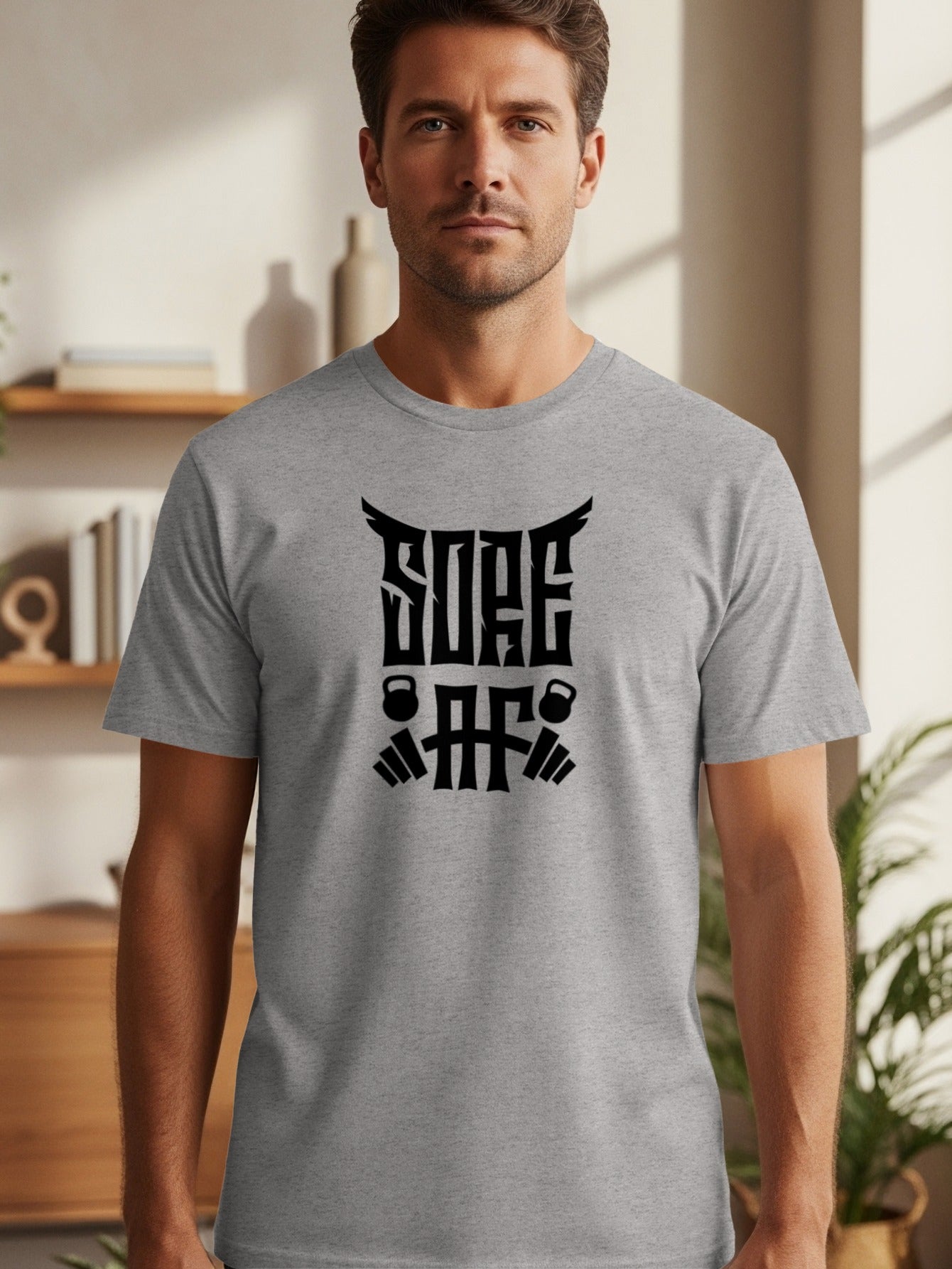Grey t-shirt with black text "SORE AF" and gym icons.
