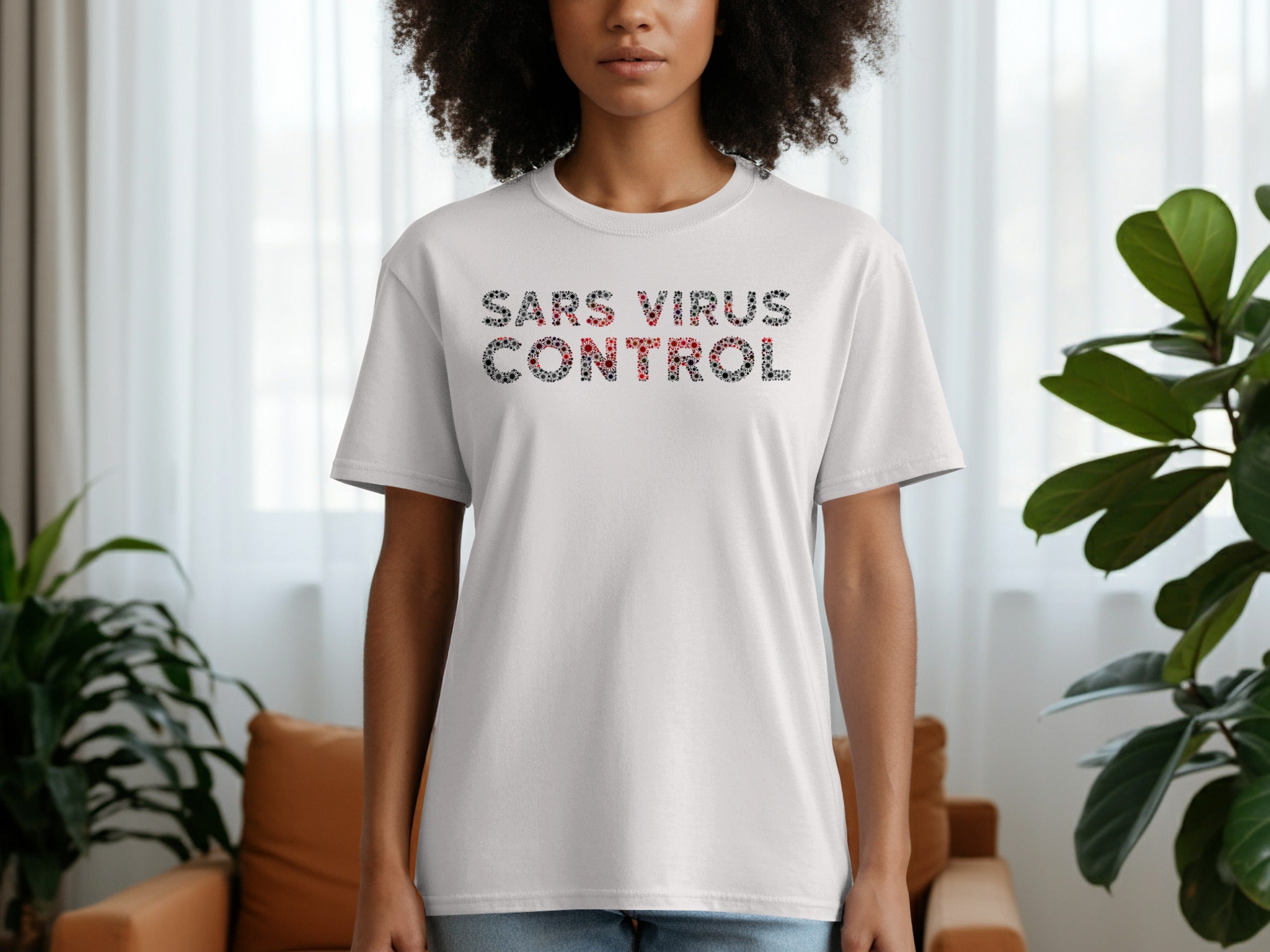 White t-shirt with "SARS VIRUS CONTROL" text made of virus graphics.