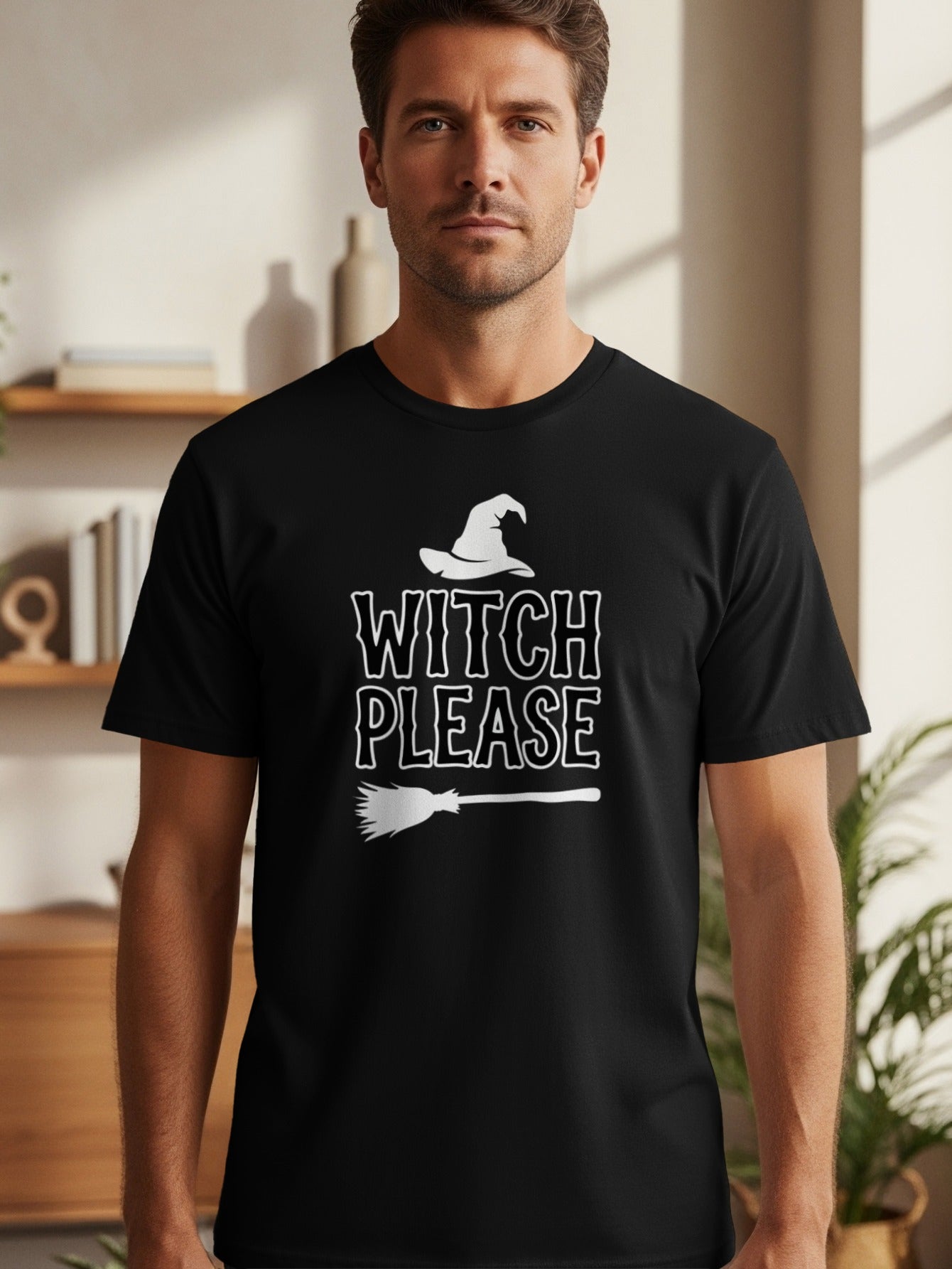 Black t-shirt with white witch hat, broom, and "Witch Please" text.