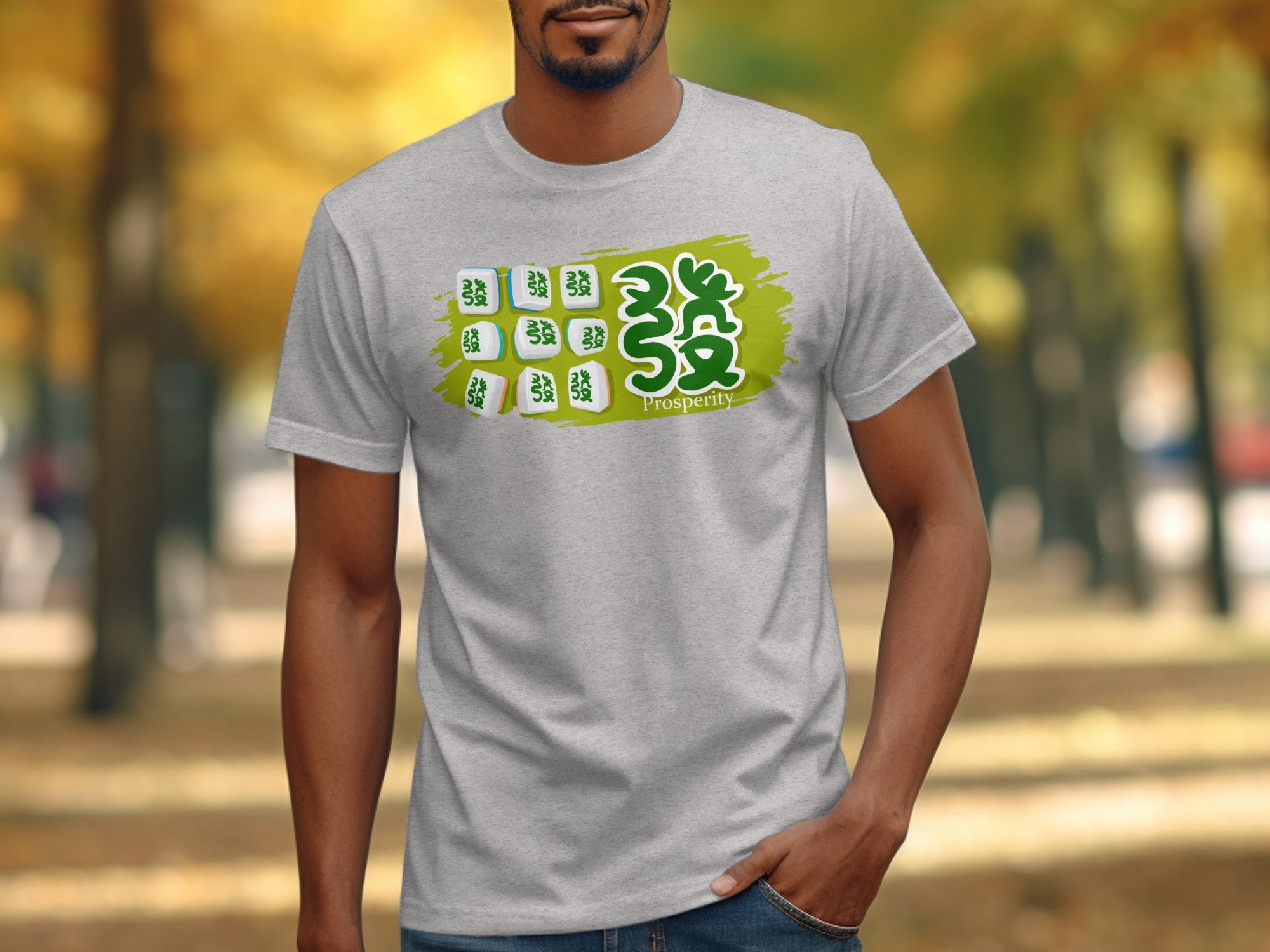 Gray t-shirt with green Chinese characters "Fa" (Prosperity) and mahjong tiles.