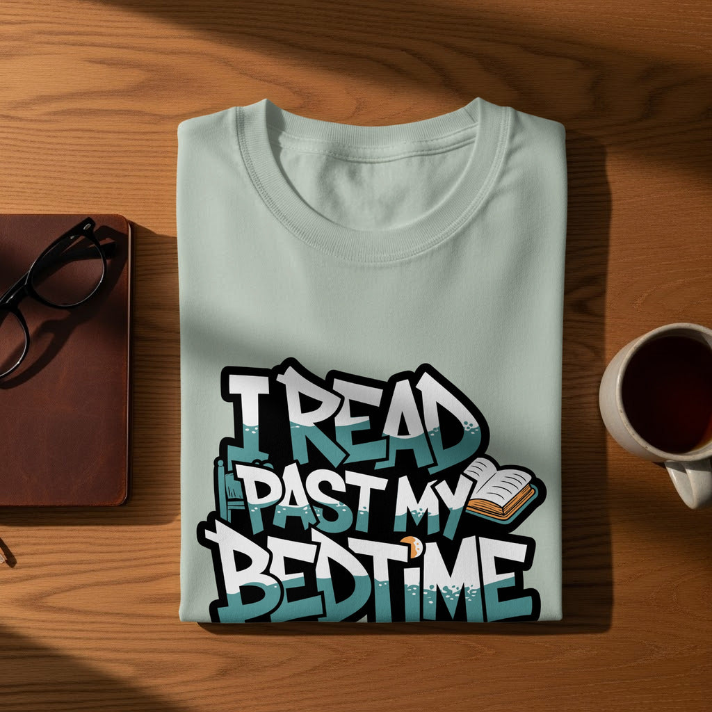 Light blue t-shirt with white and teal text that reads "I READ PAST MY BEDTIME."