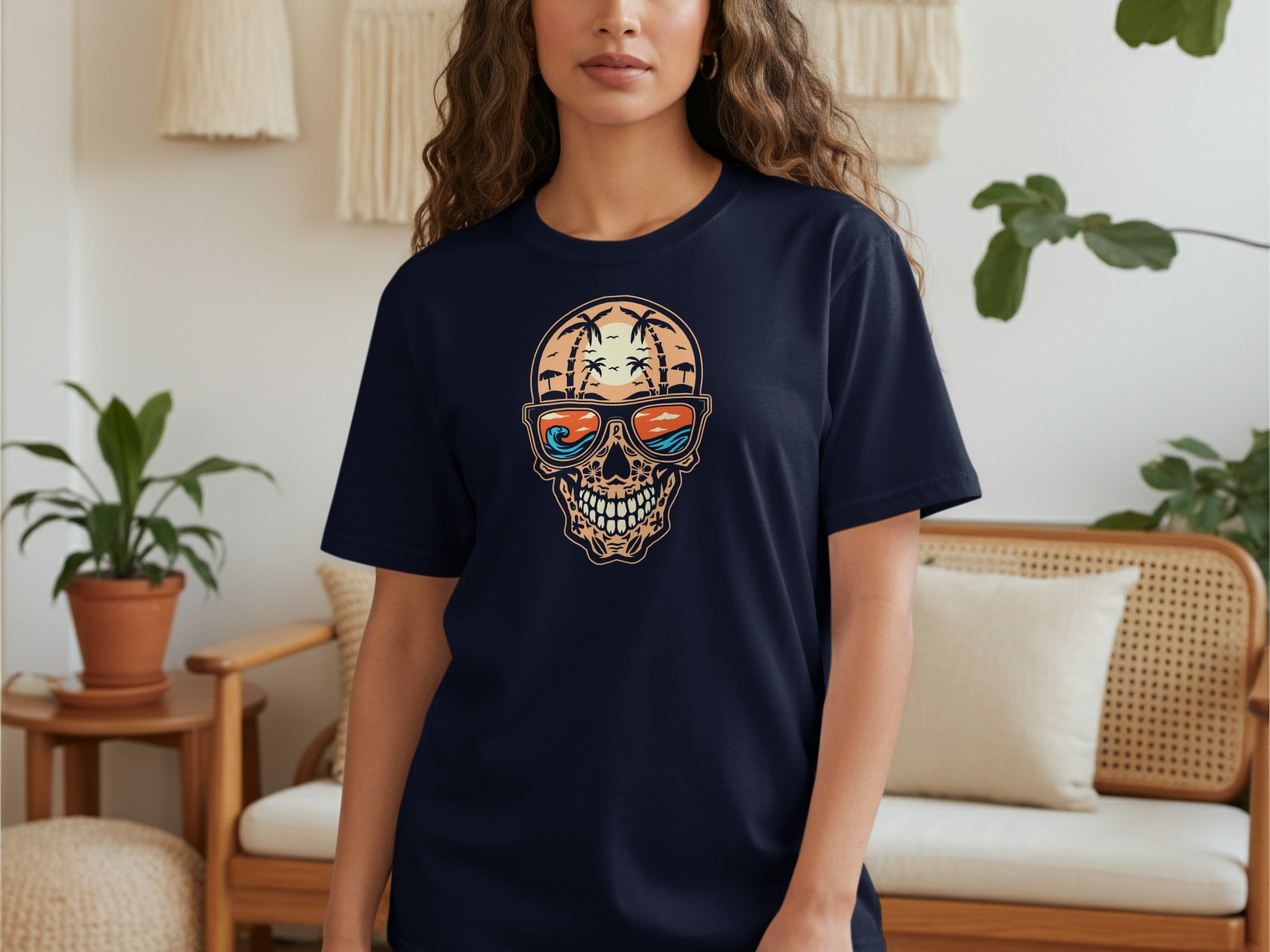 Skull wearing sunglasses reflecting a beach scene with palm trees and ocean waves.