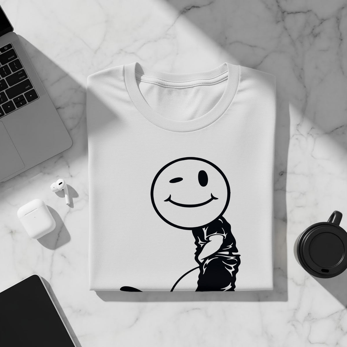 White t-shirt with black graphic of winking smiley face character.