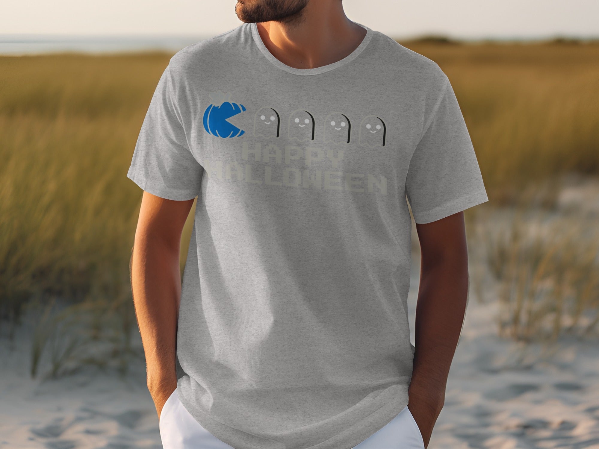 Grey t-shirt with Pac-Man and ghosts graphic, "Happy Halloween" text.