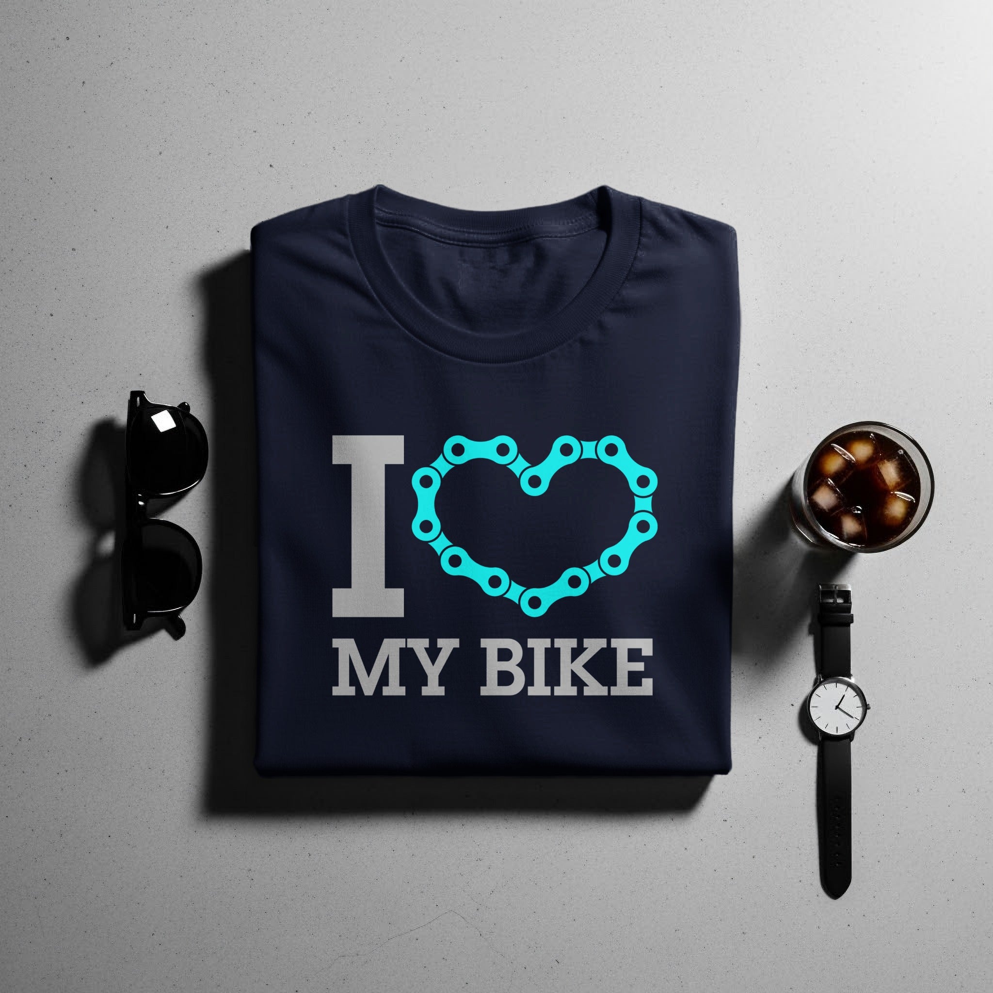Dark navy t-shirt with "I ♡ MY BIKE" graphic made of bike chain.