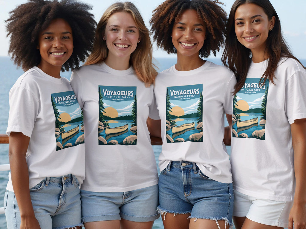 Four women model white t-shirts featuring a Voyageurs National Park design.