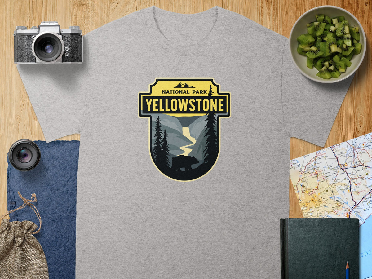 Grey t-shirt with Yellowstone National Park bear and mountain graphic.