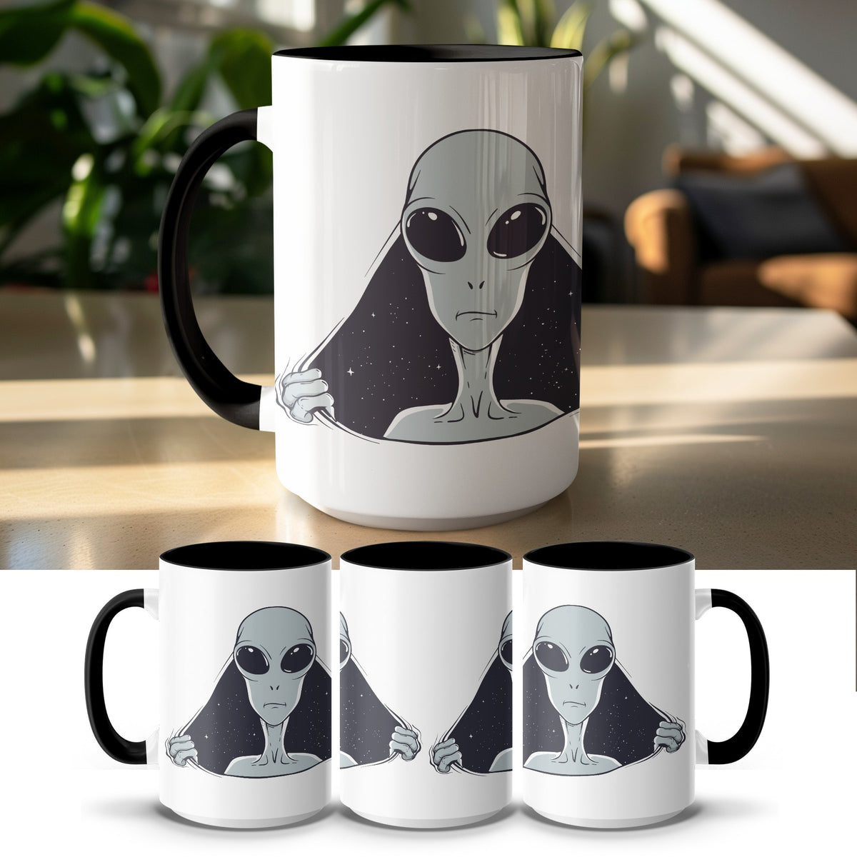 White mug with black handle featuring an alien peeking through a starry background.