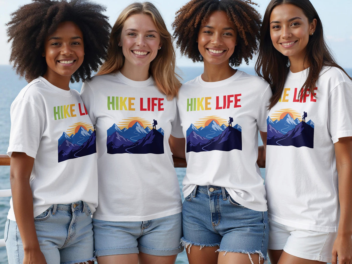 Four women wear white t-shirts with "Hike Life" and mountain graphics.