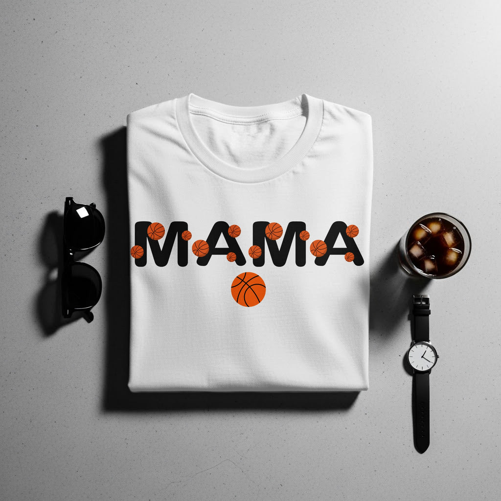 White t-shirt with "MAMA" text and basketball graphics.