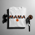 White t-shirt with "MAMA" text and basketball graphics.