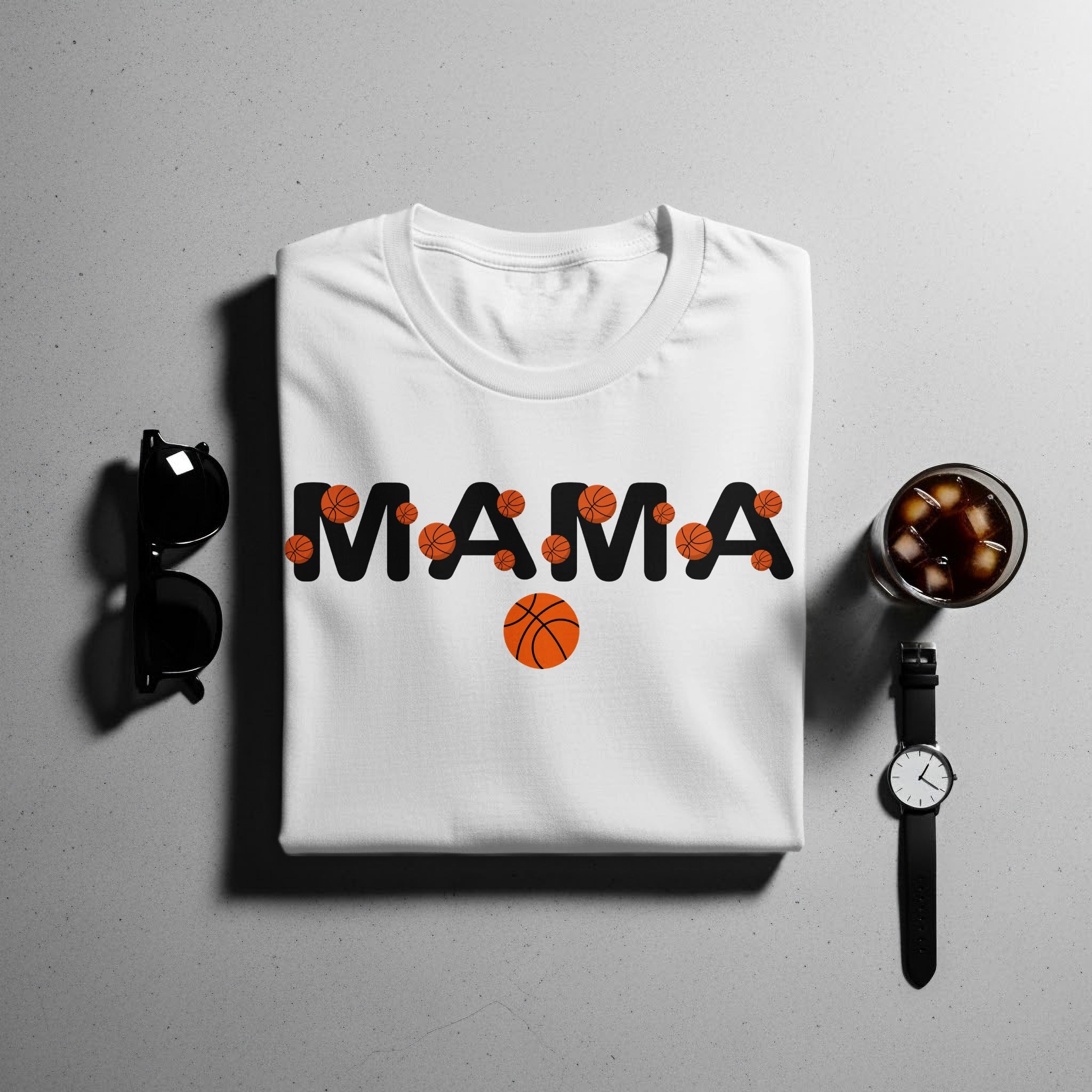 White t-shirt with "MAMA" text and basketball graphics.