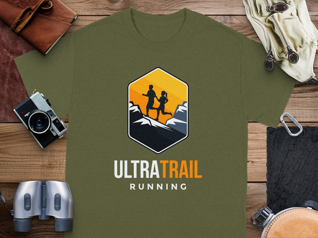 Green t-shirt with "ULTRA TRAIL RUNNING" logo featuring silhouetted runners on mountains.