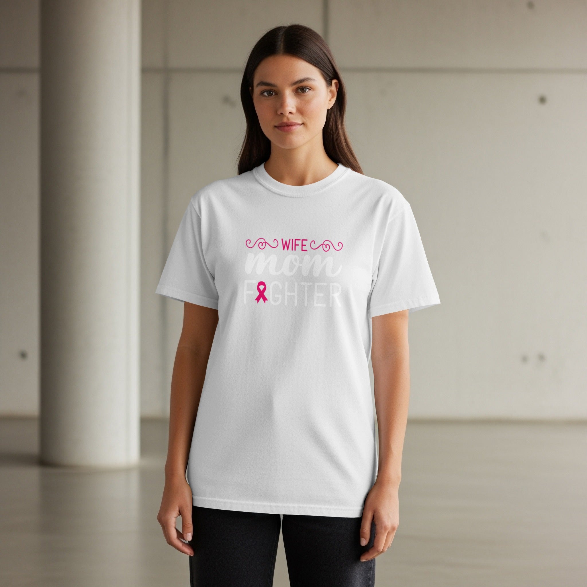 White t-shirt with text "Wife," "Mom," and "Fighter" and a pink ribbon.