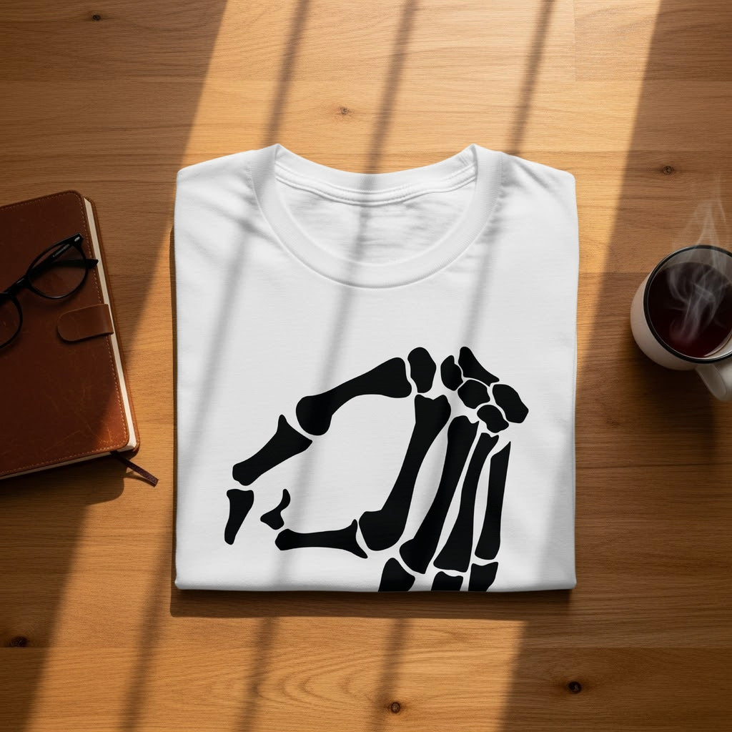 White t-shirt with black skeleton hand graphic, on wooden surface.