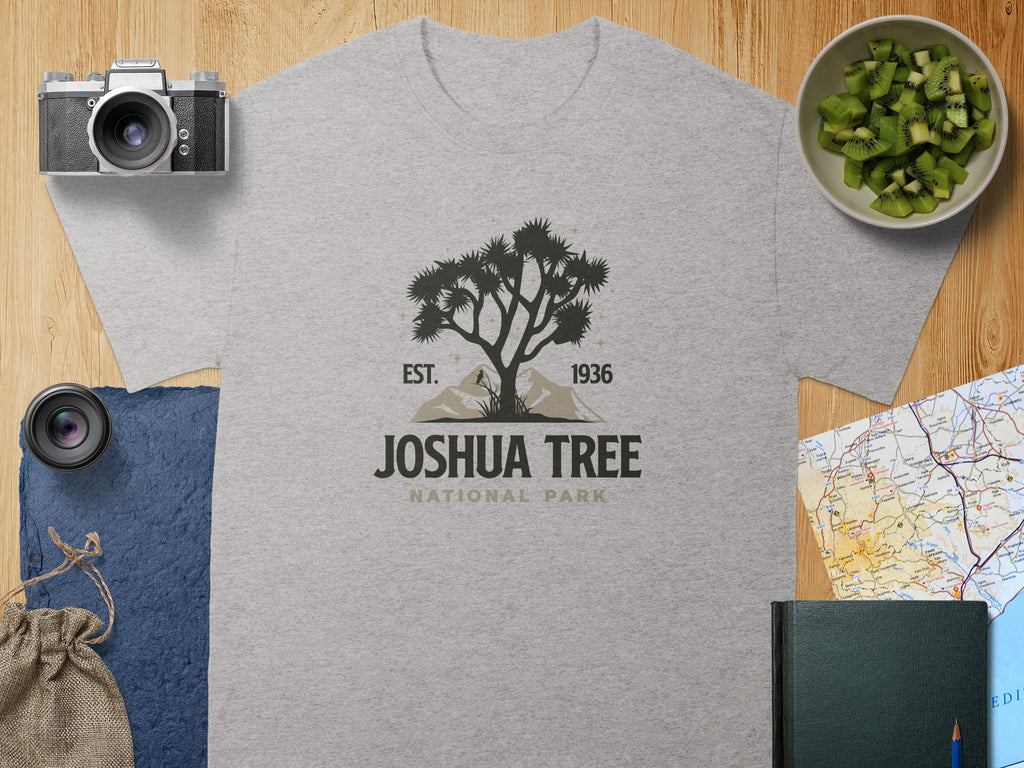 Grey t-shirt with Joshua Tree National Park logo, vintage camera, and kiwi.
