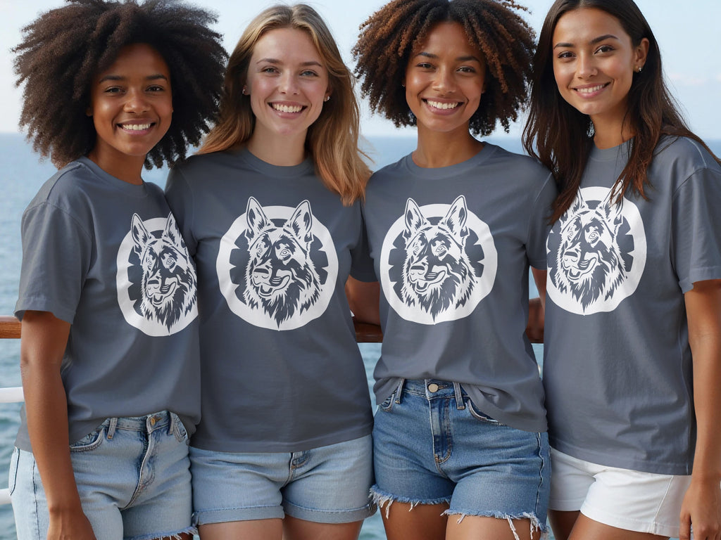 Four women smile, wearing gray t-shirts with a white German Shepherd graphic.