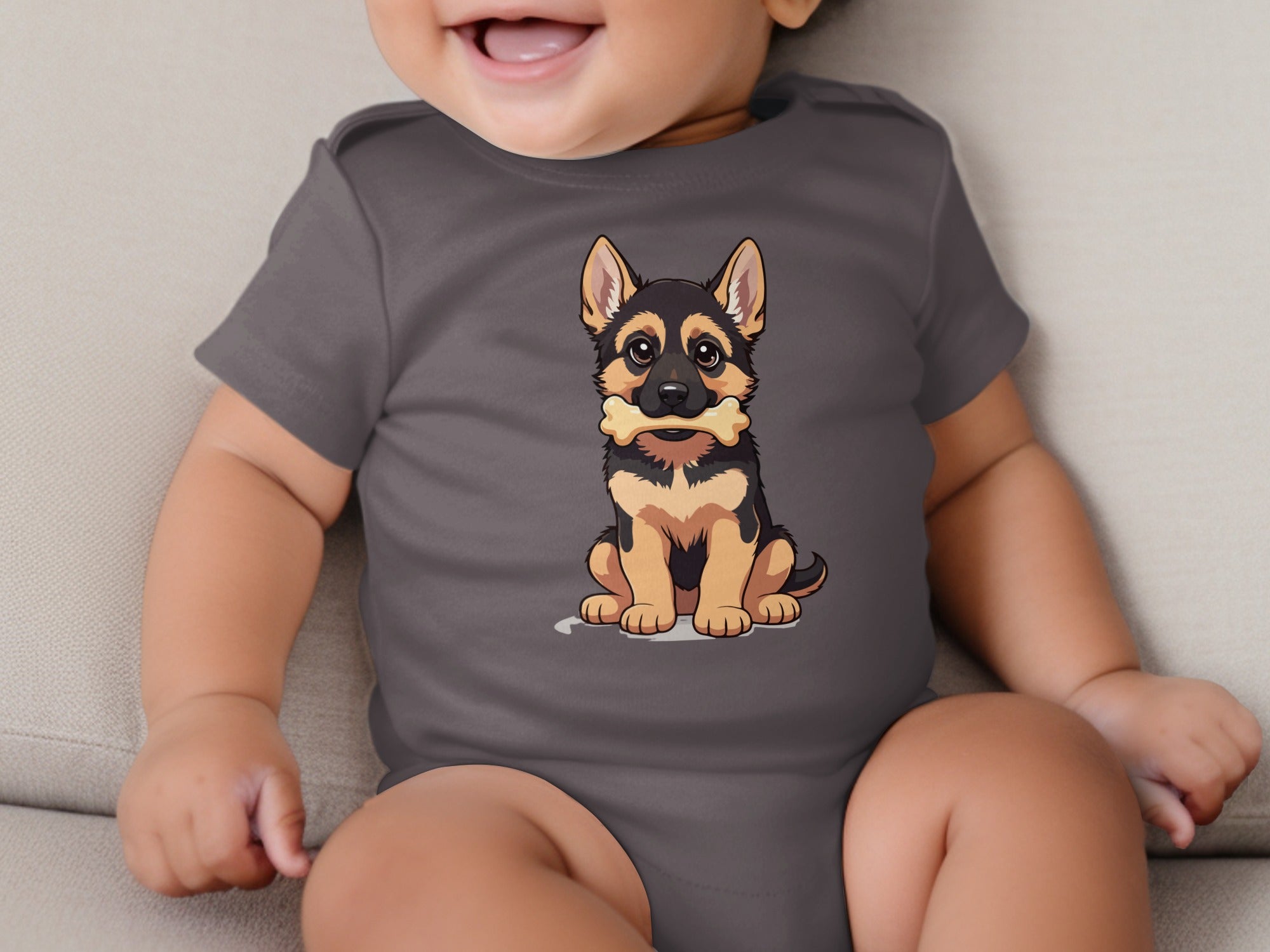 Dark gray baby bodysuit with a cartoon German Shepherd puppy and bone graphic.
