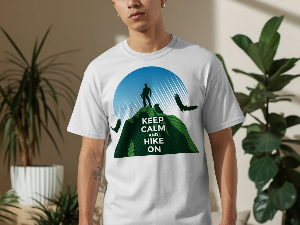 White t-shirt with graphic: hiker on mountain, birds, and text "KEEP CALM AND HIKE ON".