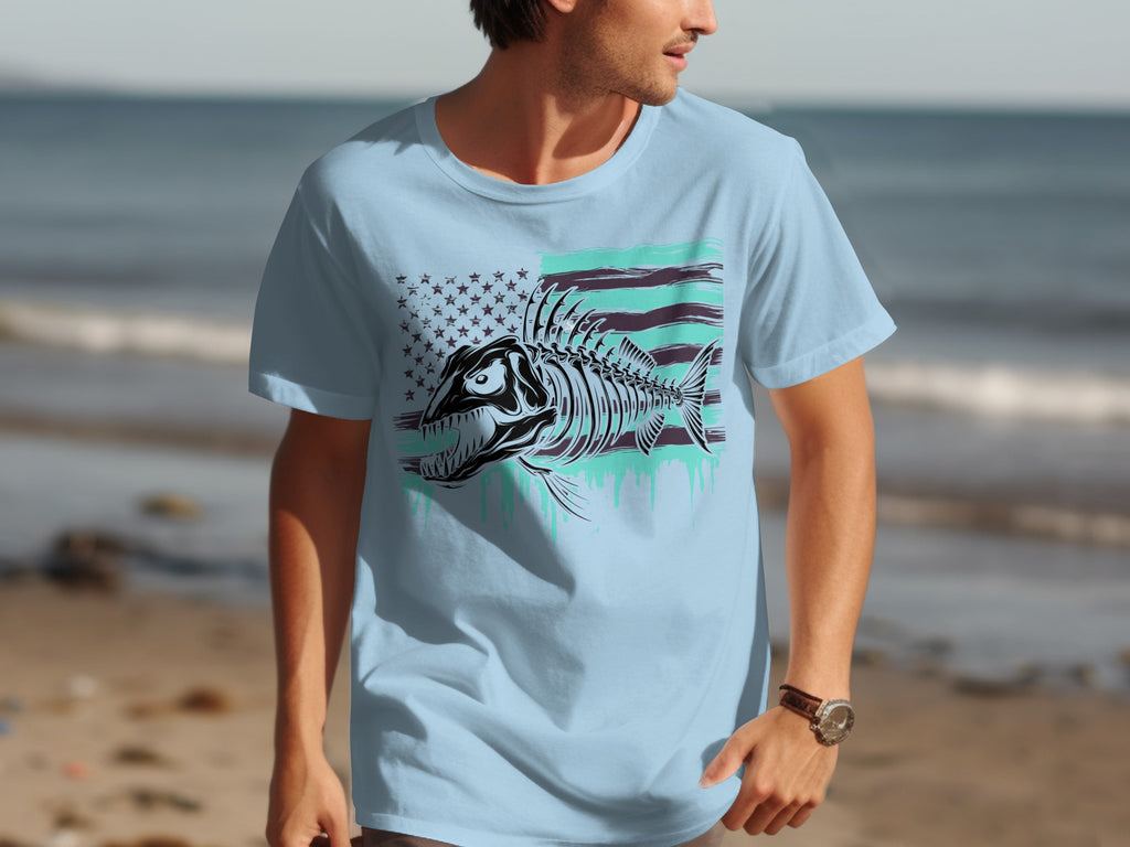 Light blue t-shirt with a stylized fish skeleton graphic and distressed American flag.