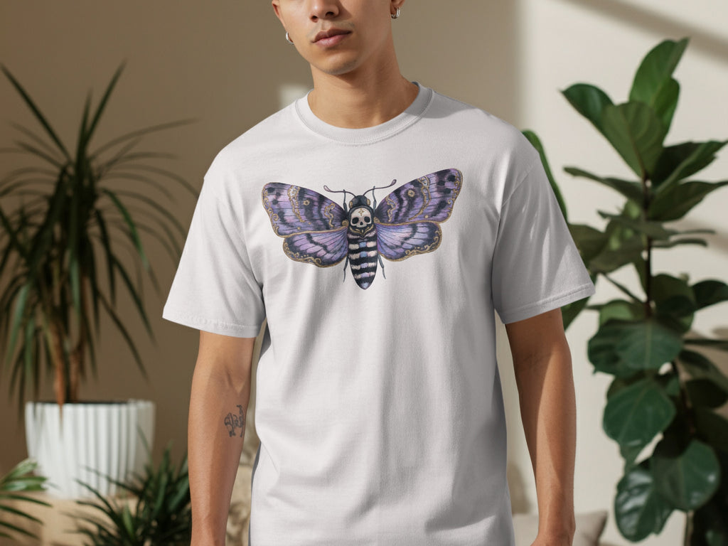 White t-shirt with a purple and black death's-head hawkmoth graphic.