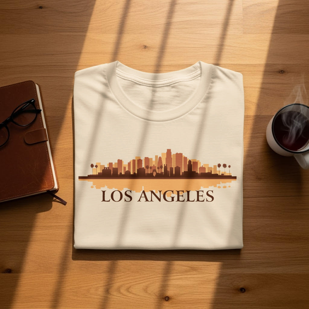 Cream t-shirt with a Los Angeles skyline graphic and text.