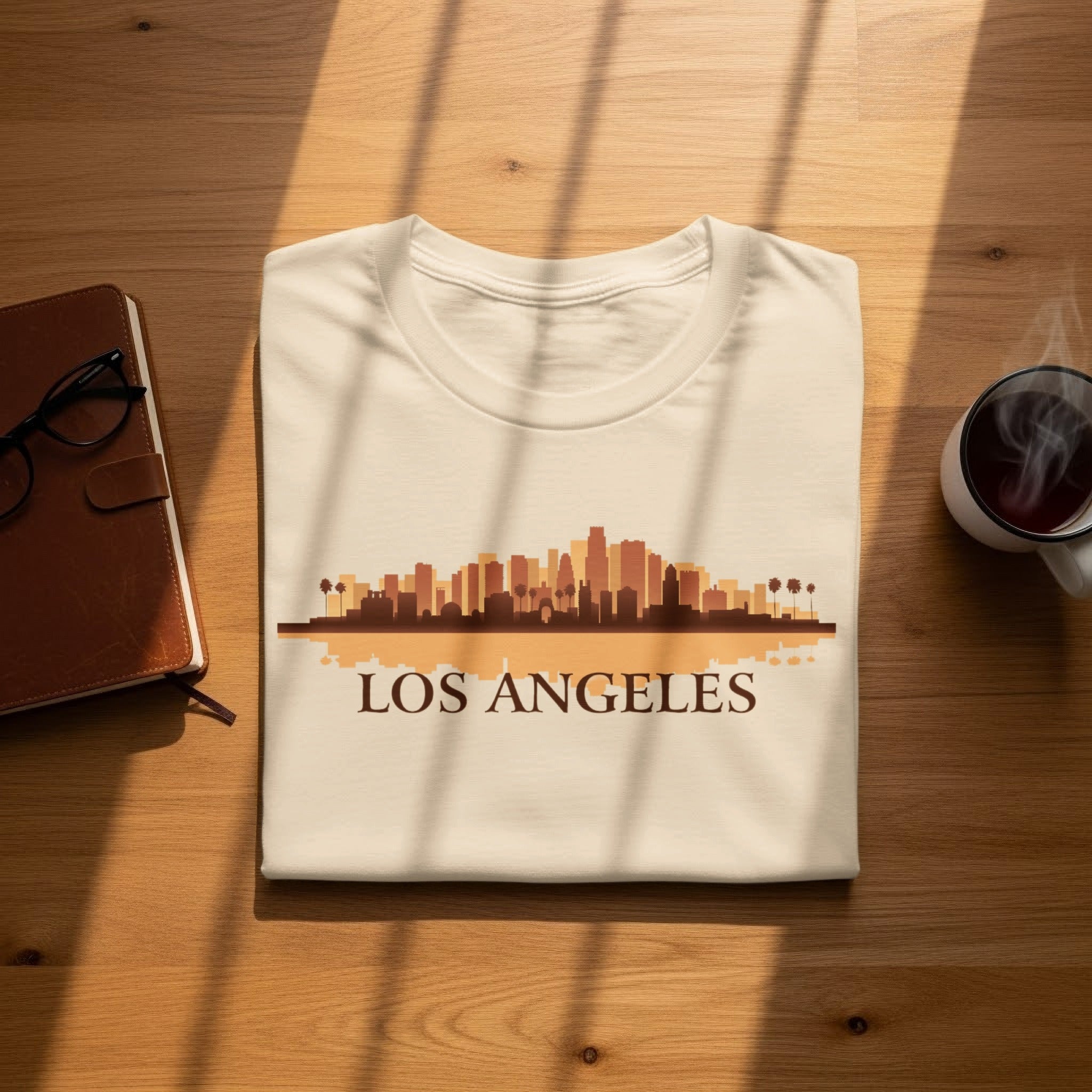 Cream t-shirt with a Los Angeles skyline graphic and text.