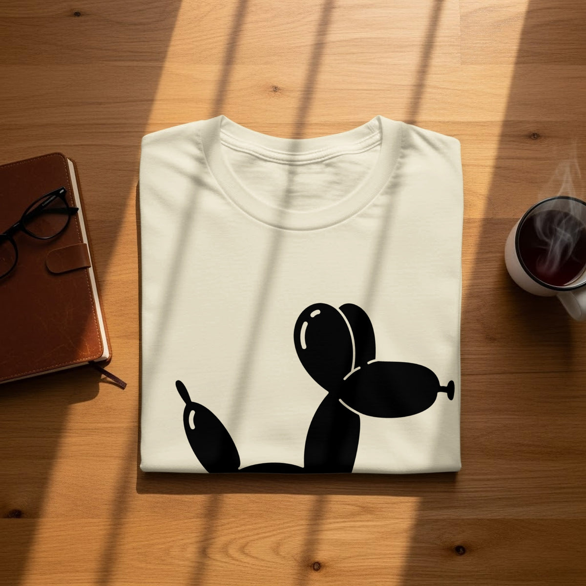 Cream t-shirt with black balloon dog graphic, viewed from above.