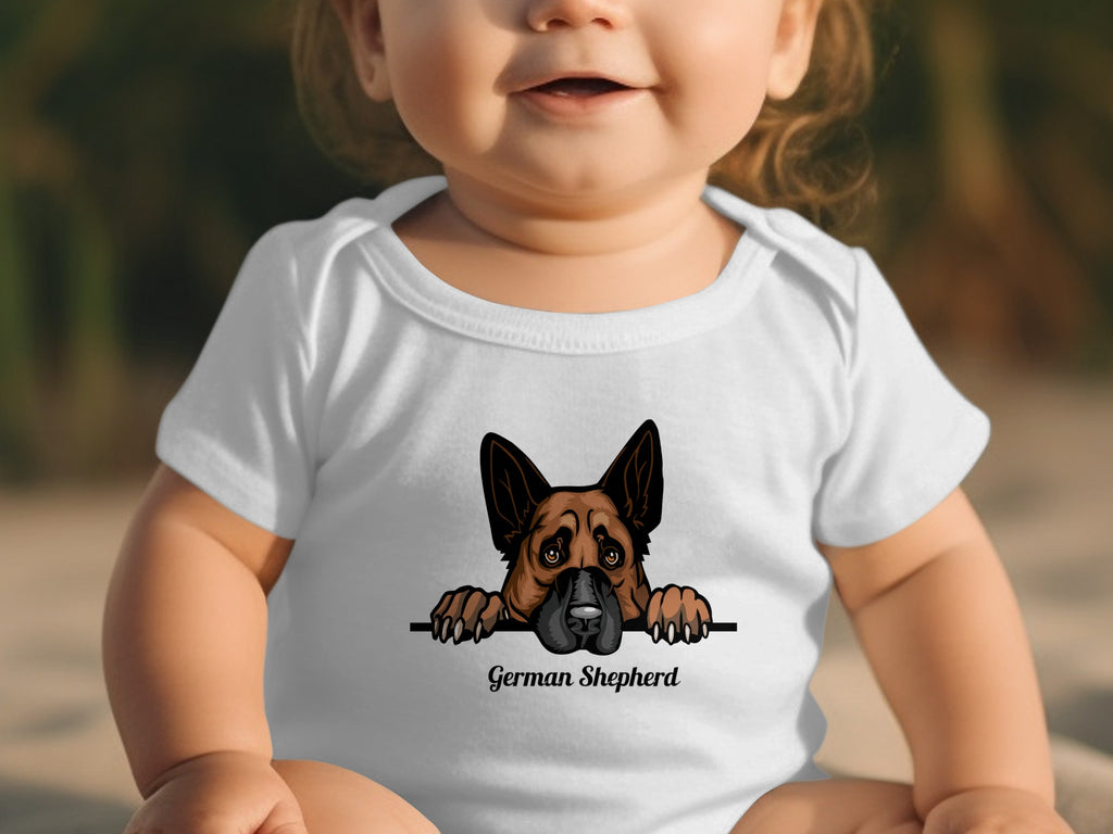 White baby onesie with a German Shepherd illustration and text.