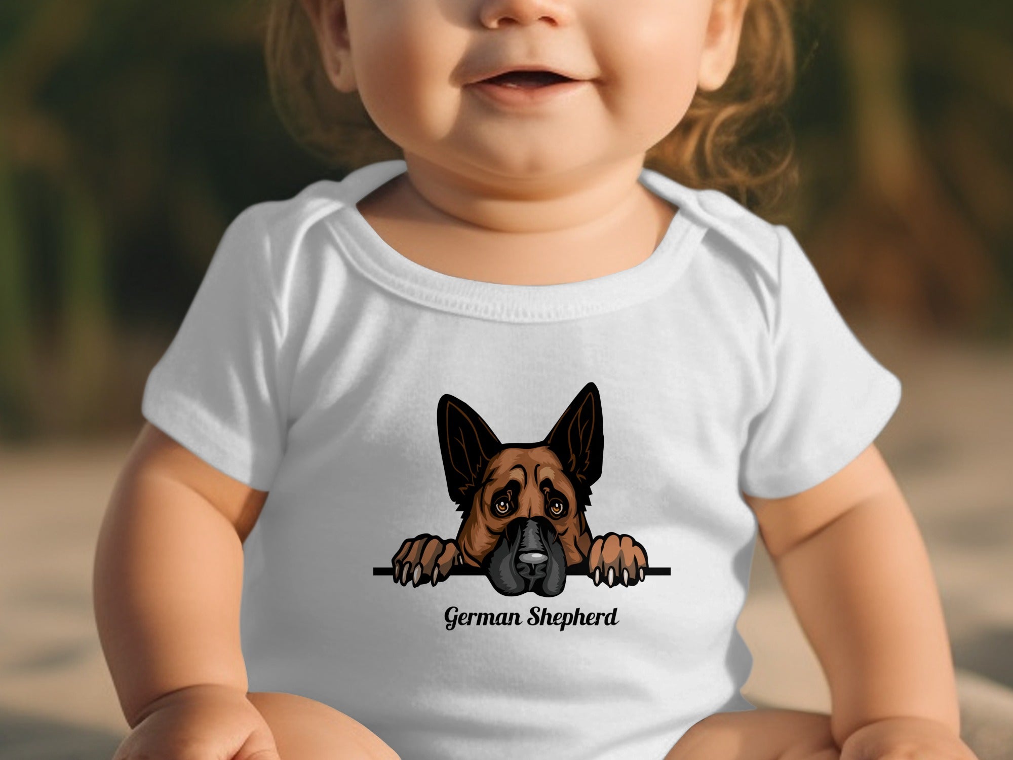 White baby onesie with a German Shepherd illustration and text.