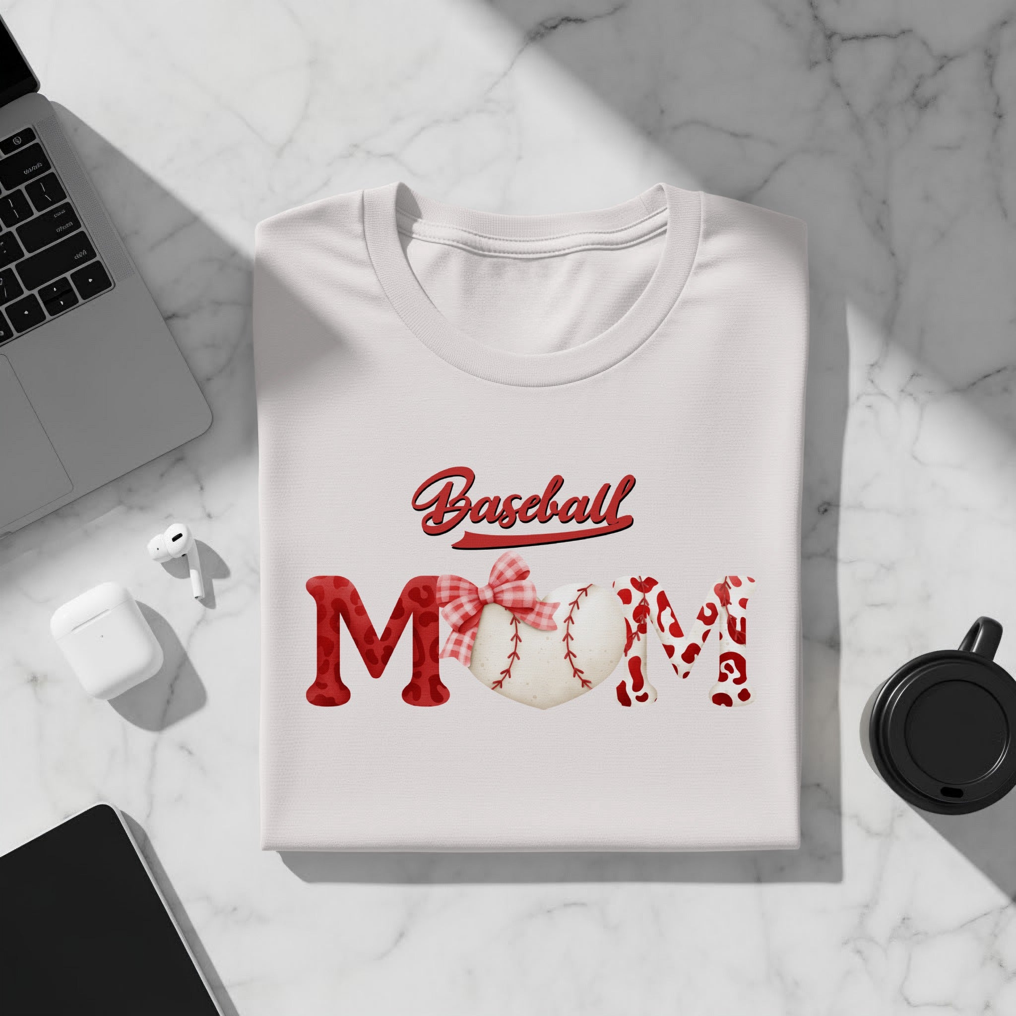 White t-shirt with "Baseball MOM" graphic featuring a baseball heart.