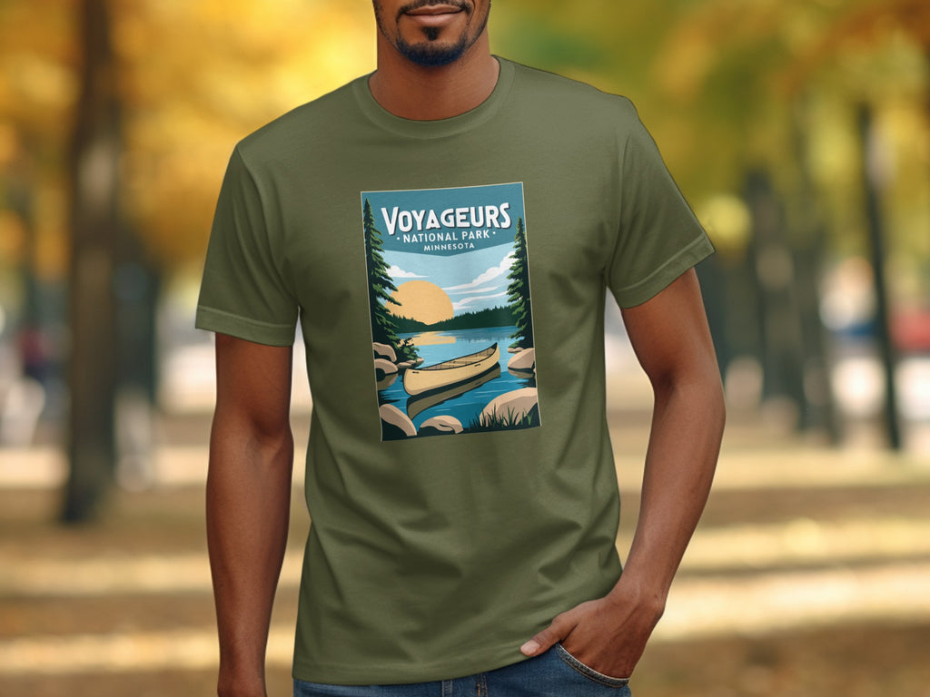 Voyageurs National Park Minnesota graphic t-shirt with a canoe on a lake.
