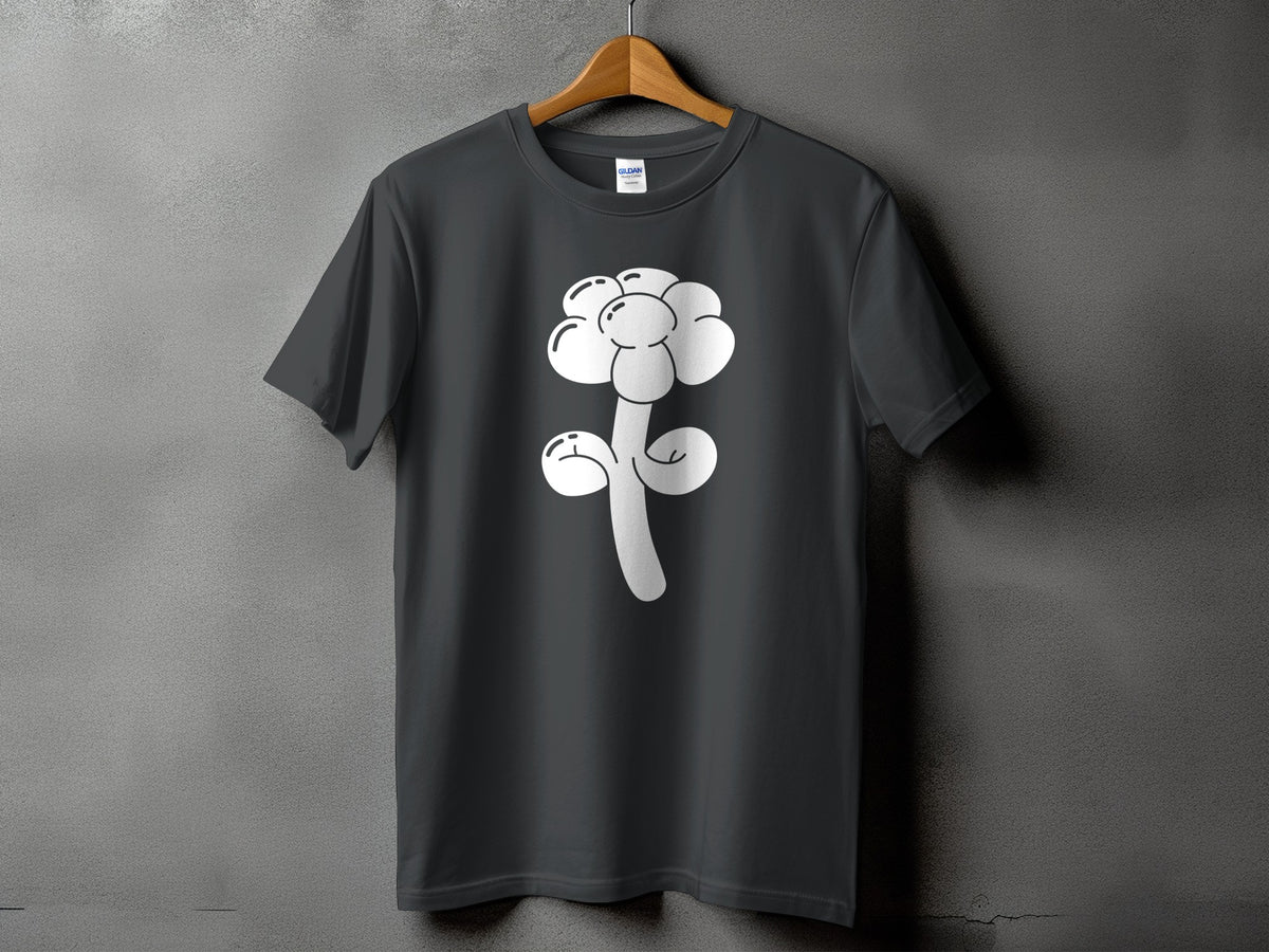 Dark gray t-shirt with a white cartoon flower graphic and a Gildan tag.