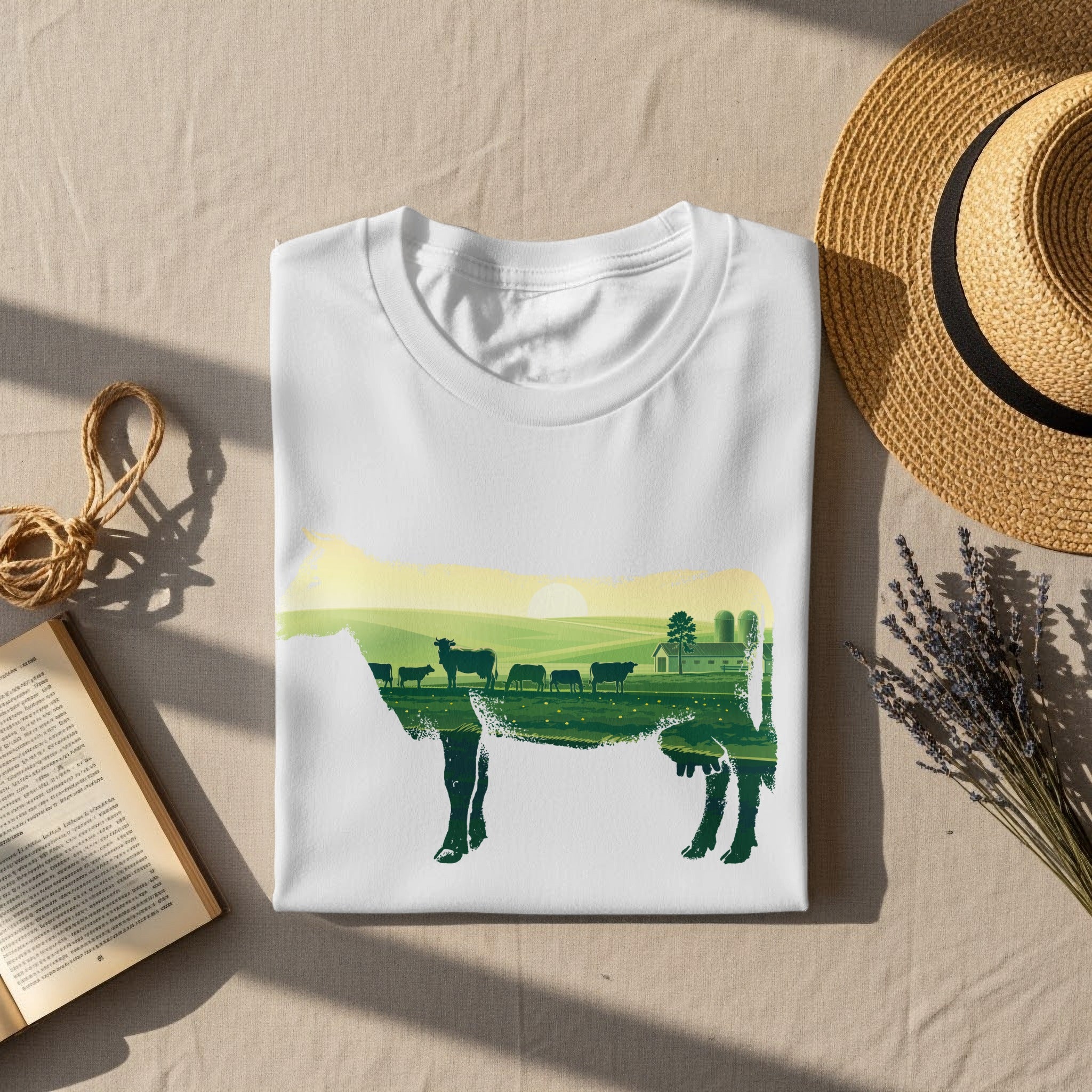 White t-shirt with a cow silhouette filled with a farm landscape at sunset.