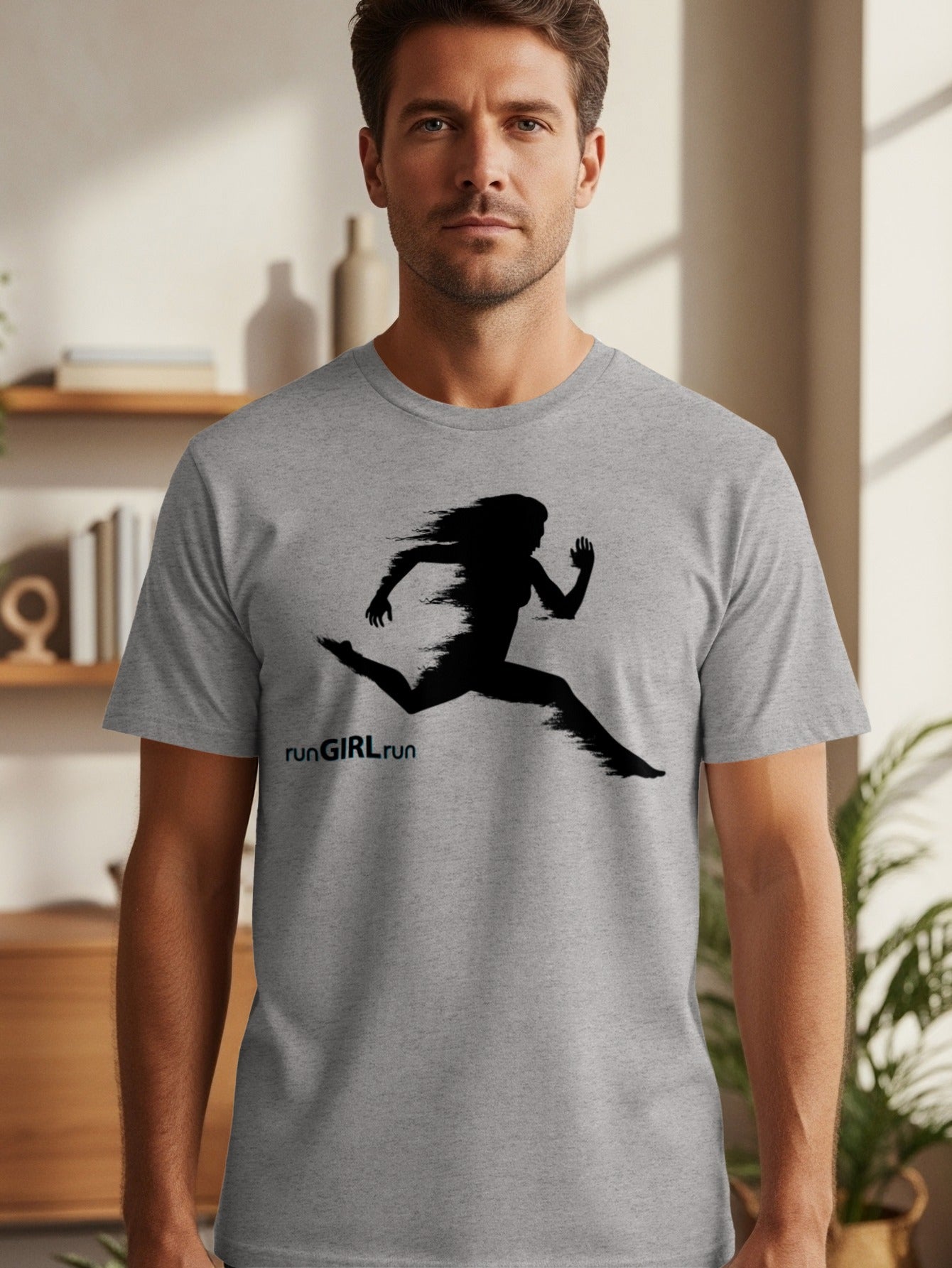 Gray t-shirt with black silhouette graphic of a runner and text "runGIRL run".