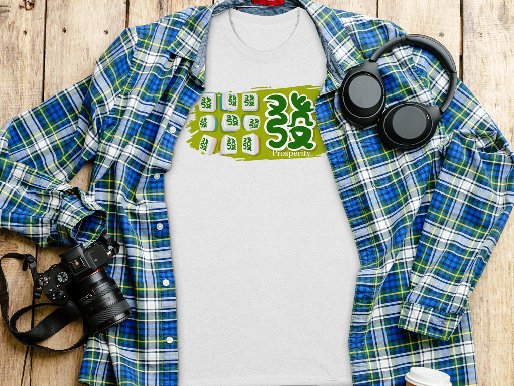 White t-shirt with green Mahjong tiles and "Prosperity" text.