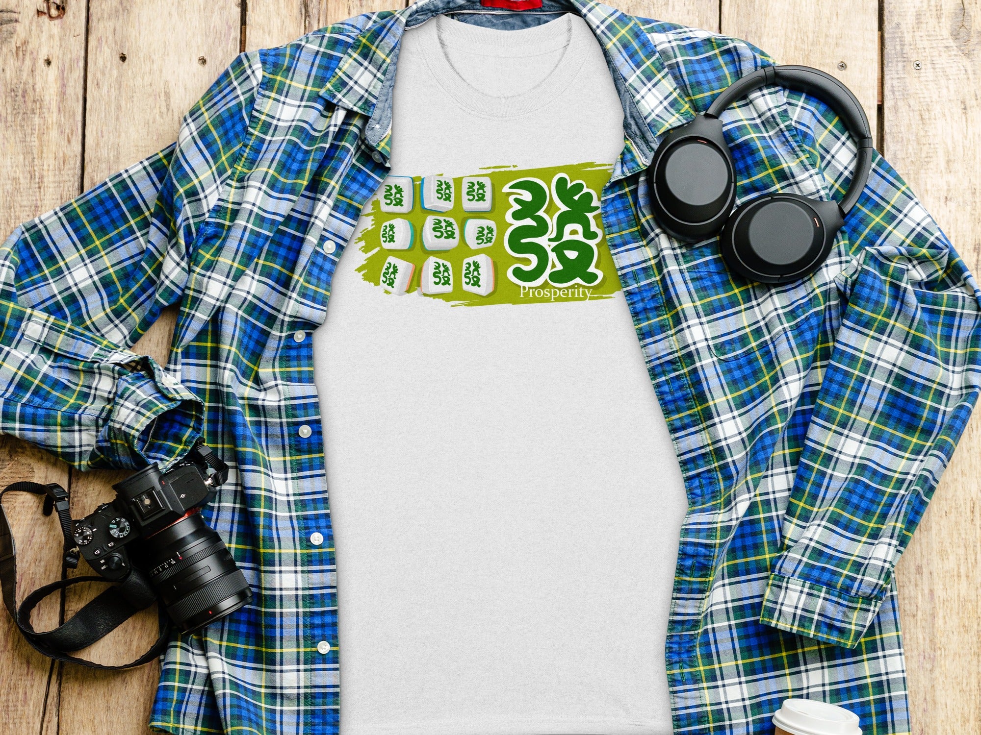 White t-shirt with green Mahjong tiles and "Prosperity" text.