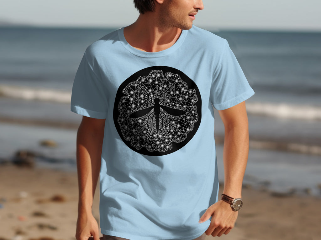 Light blue t-shirt with a black circular abstract dragonfly print.