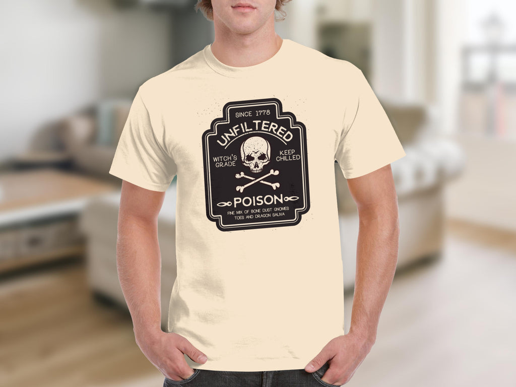 T-shirt with "Unfiltered Poison" label featuring skull and crossbones.