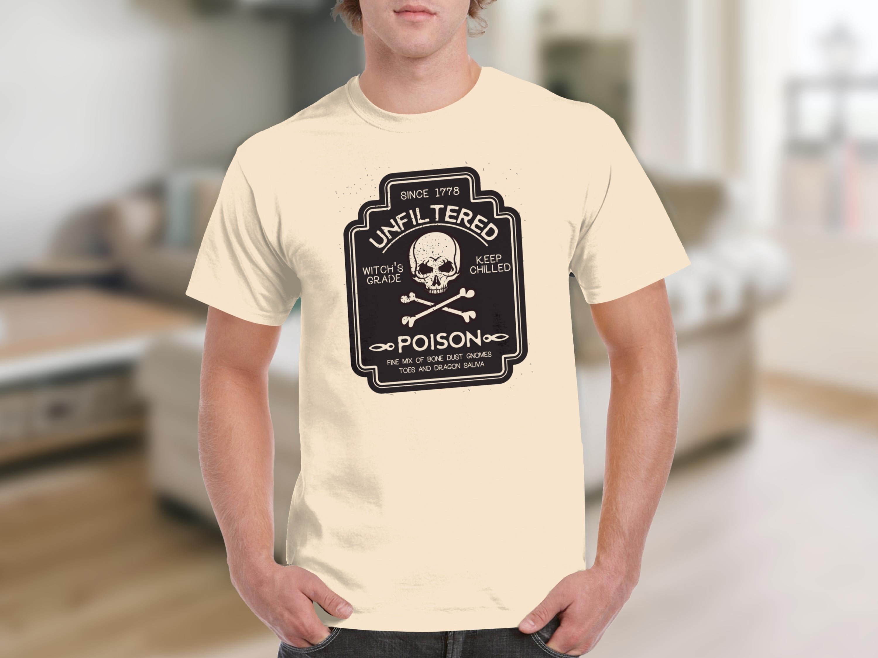 T-shirt with "Unfiltered Poison" label featuring skull and crossbones.