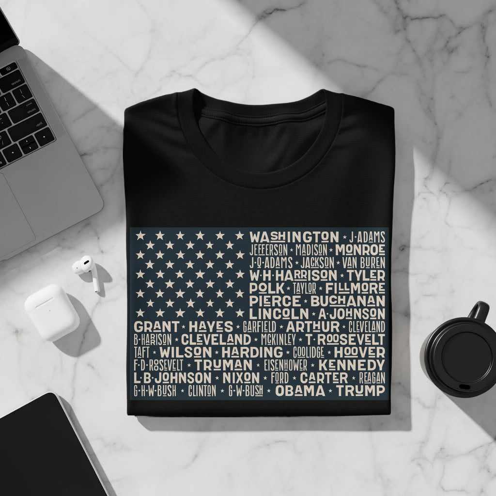 Black t-shirt with American flag design featuring list of presidents.