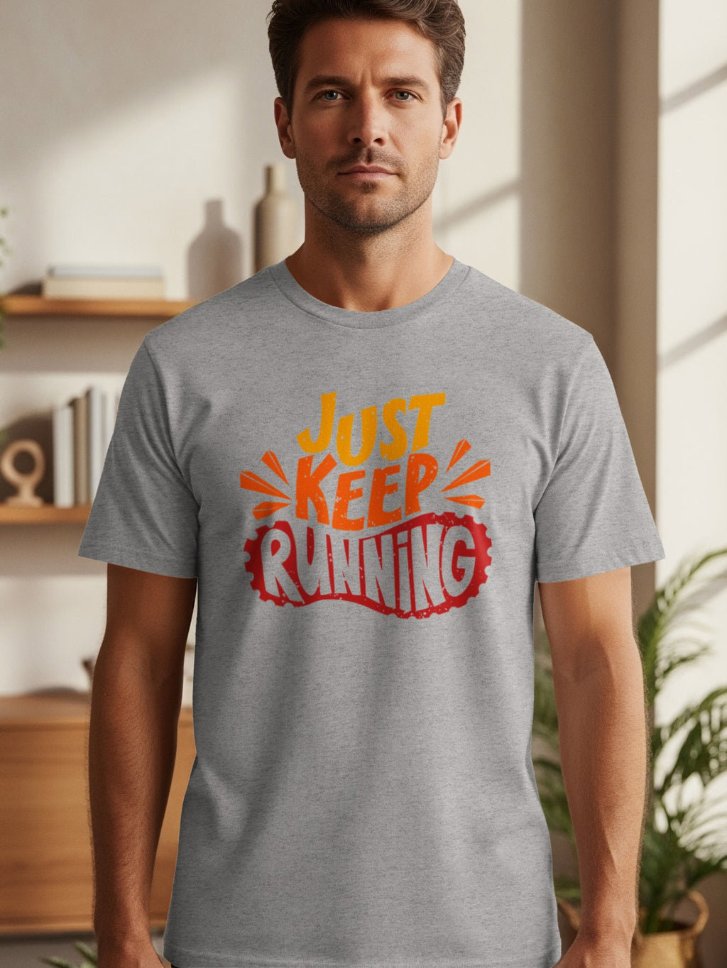 Grey t-shirt with orange and red text that reads "JUST KEEP RUNNING".